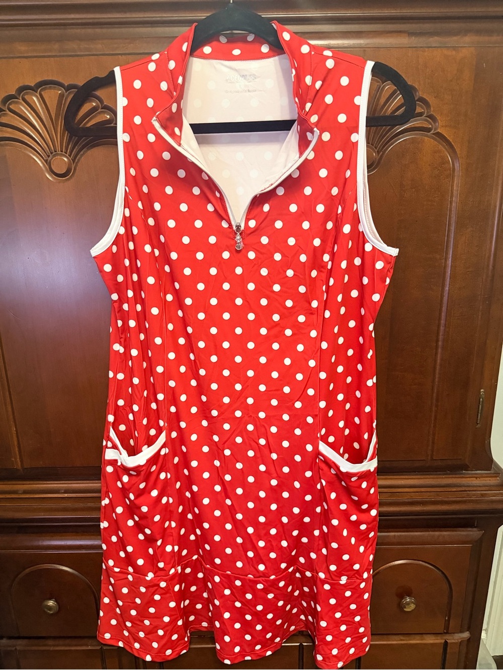 Acegolf Sleeveless Red Polka Dot Mini Dress….  Size Large!  Tall girl friendly!